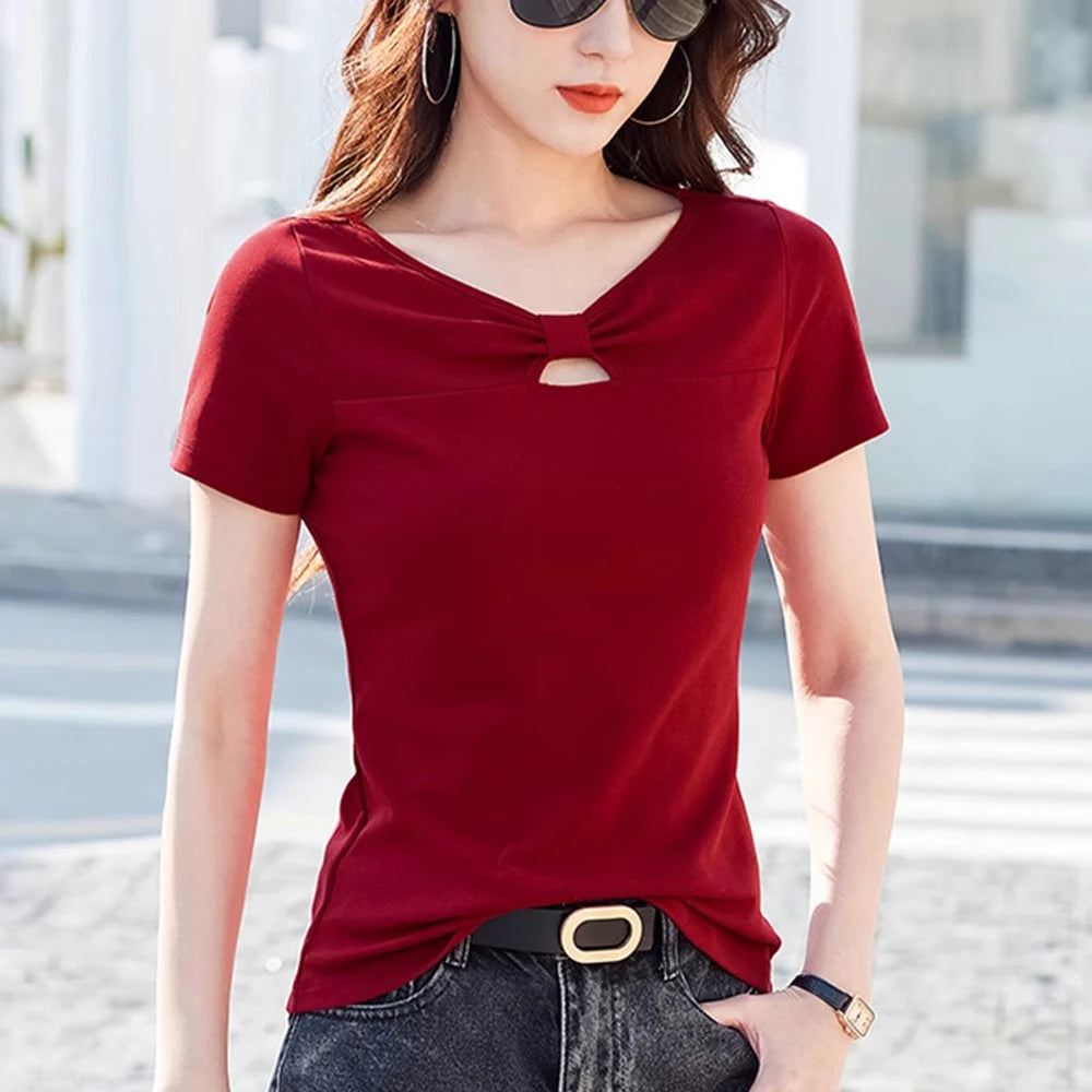 Korean version pure cotton short sleeved t-shirt women's summer new high-end fashion plus size slim fit casual T-shirt V-neck to
