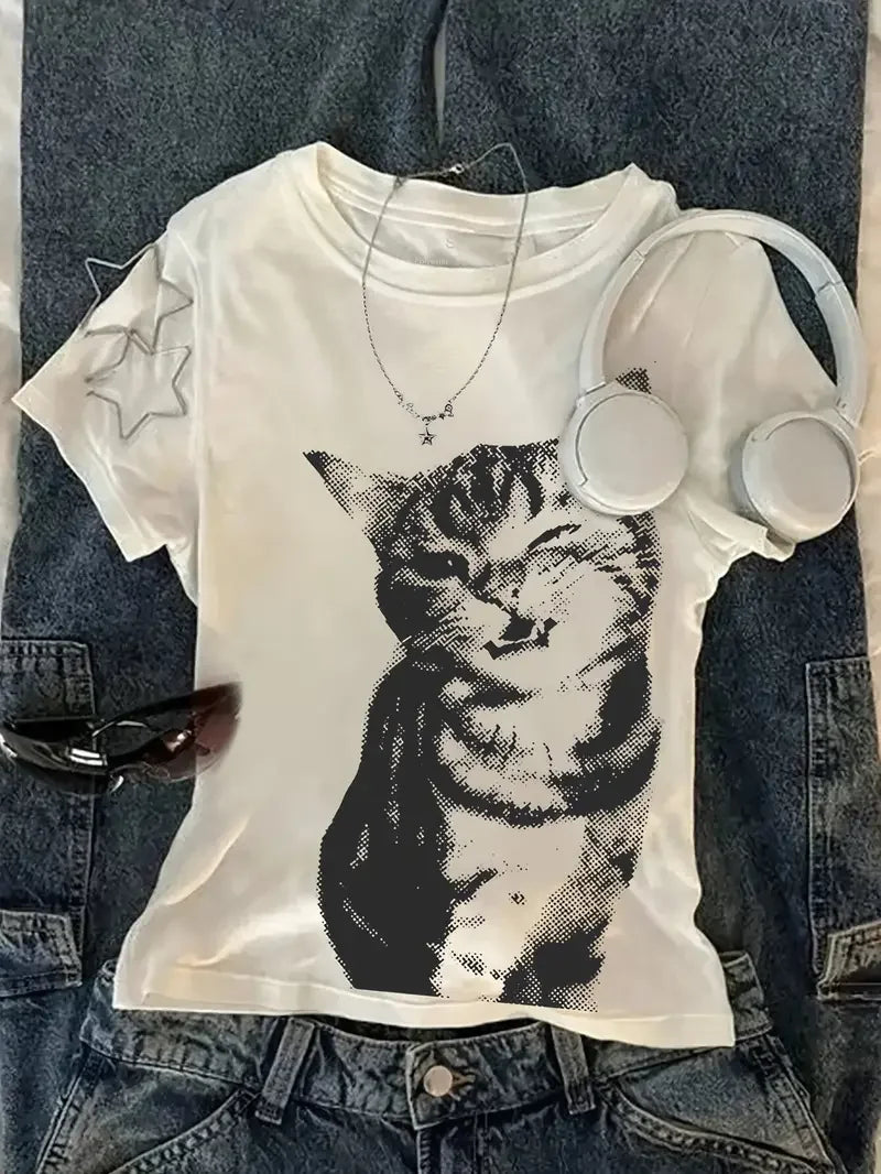 Summer Harajuku Letter Graphic T Shirts Y2k Tops Cat Print Women High Street Oversized T Shirt Streetwear Vintage Tee Clothing