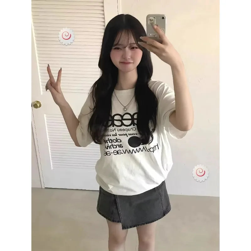 Aeae Korean Classic Letter Logo Versatile Casual Loose Short-sleeved T-shirt for Both Men and Women Women T Shirt Y2k Top Summer