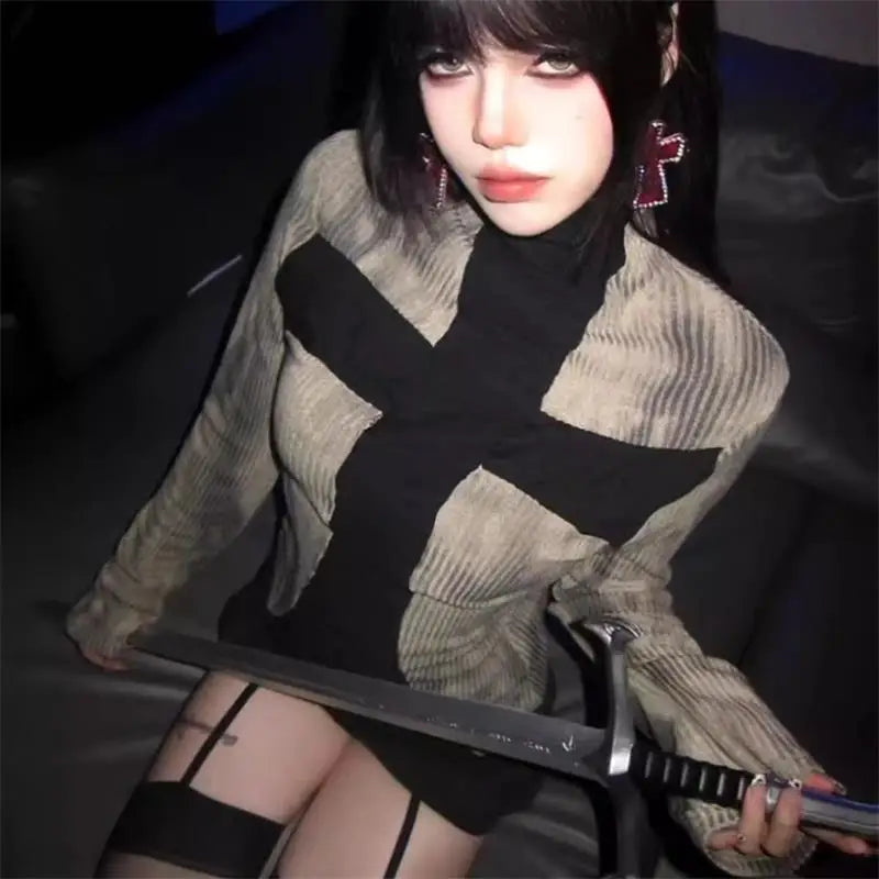 Women Y2k Clothing Ribbed Tops Vintage Harajuku Cross Print T-shirt Grunge Aesthetic Long Sleeve Patchwork Tops Trend 2000s