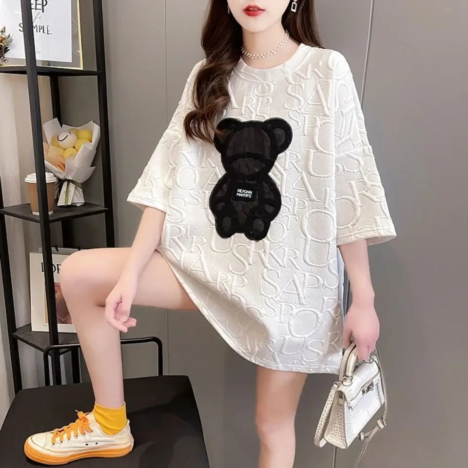 Women's T-shirts Harajuku Girls Plus Size Tops Letter Jacquard O-neck Short Sleeves Loose Summer Tshirt Bear White Tees M-2XL